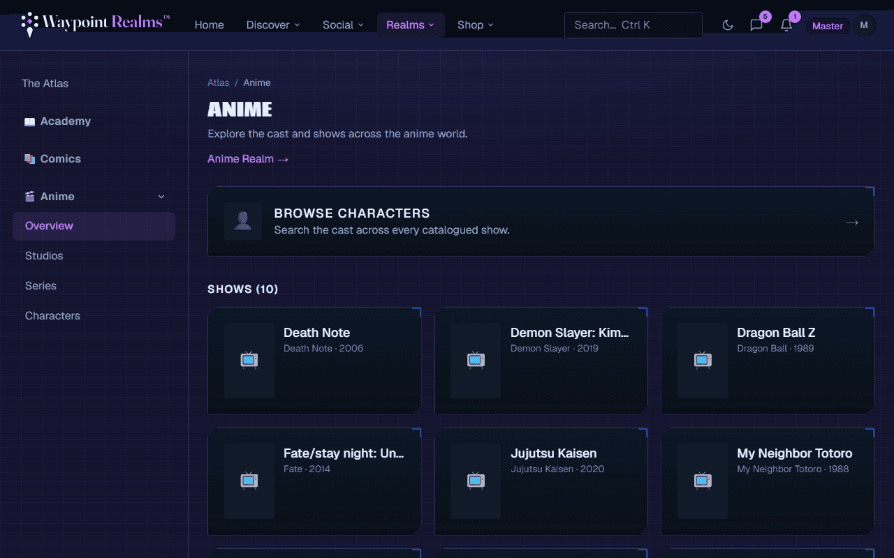 The Anime Codex landing page, showing a characters tile and a grid of shows.