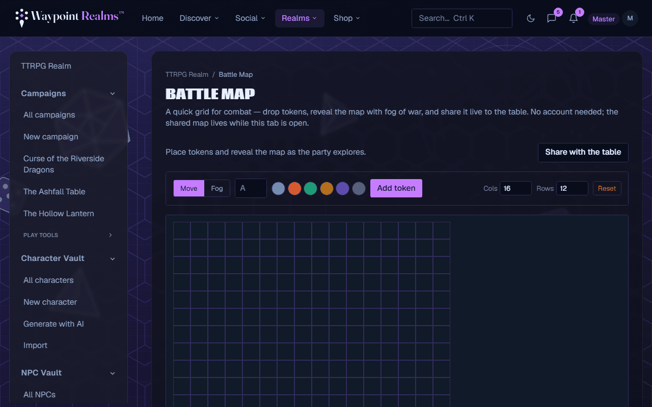 The battle map tool: a grid with move and fog controls, token colours, an Add token button, adjustable rows and columns, and a Share with the table button.