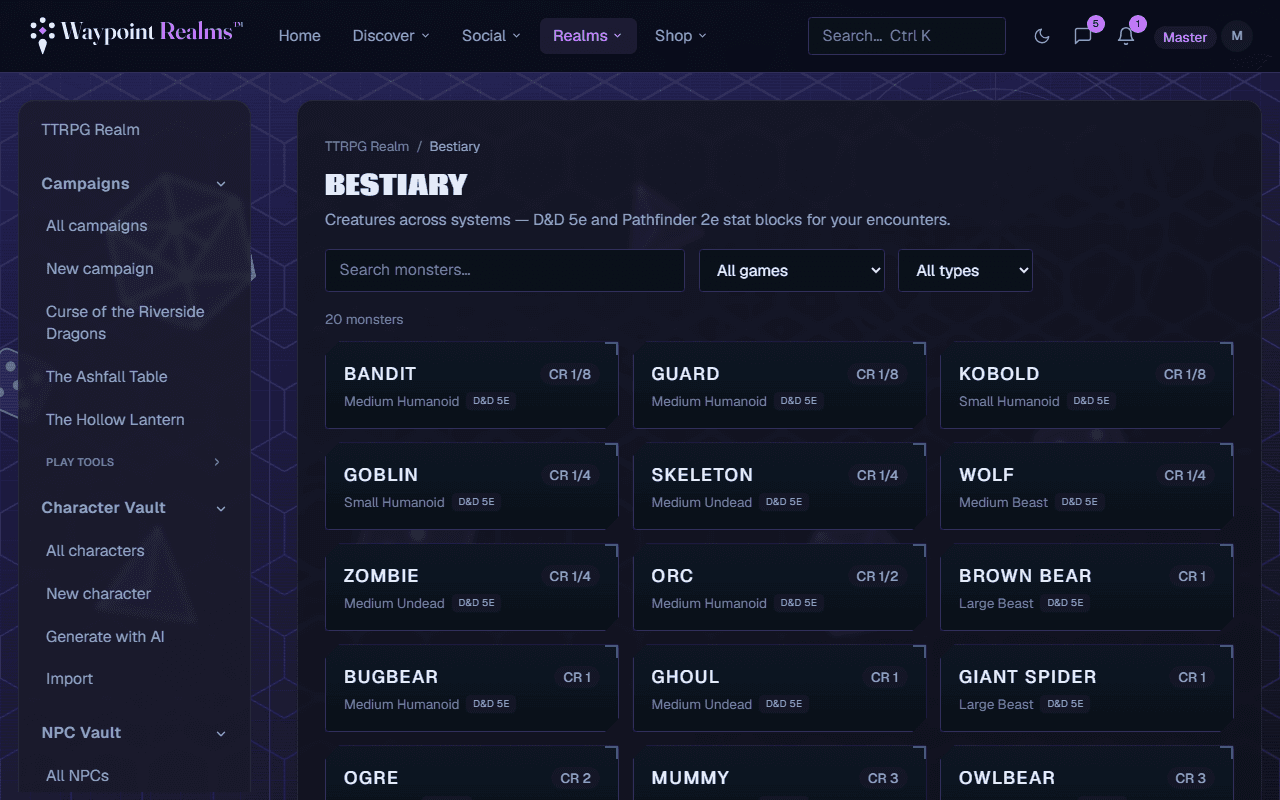 The bestiary listing twenty monsters as cards with their challenge rating, size, type and game system, above search and filter controls.