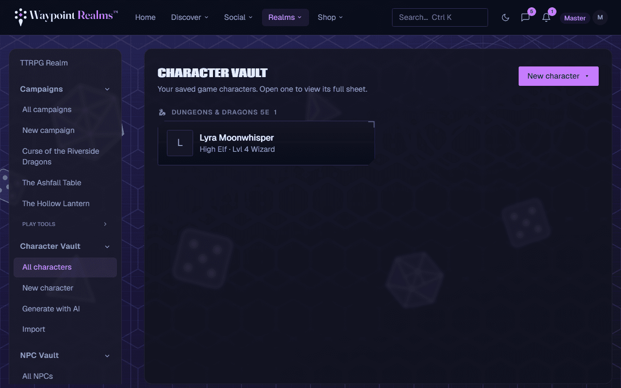 The Character Vault listing saved characters with portraits and systems.