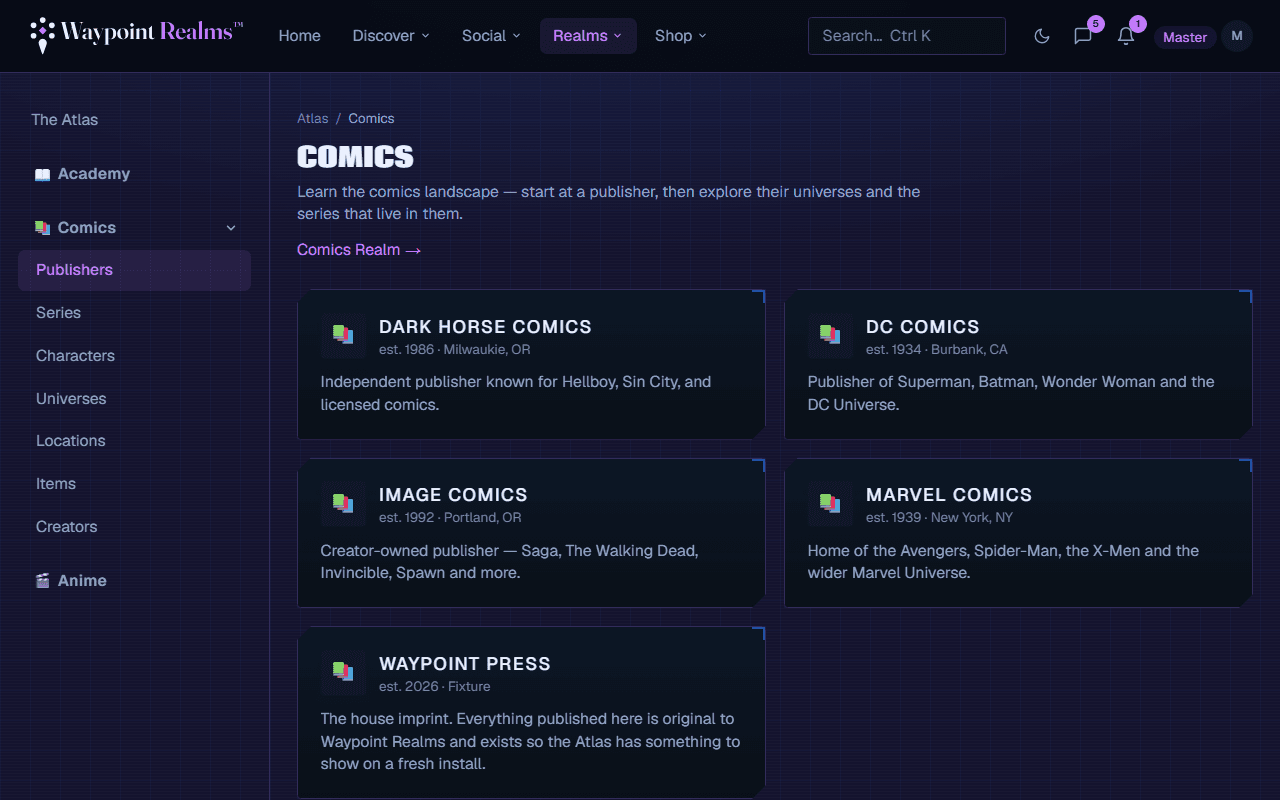 The Comics Atlas publisher index.