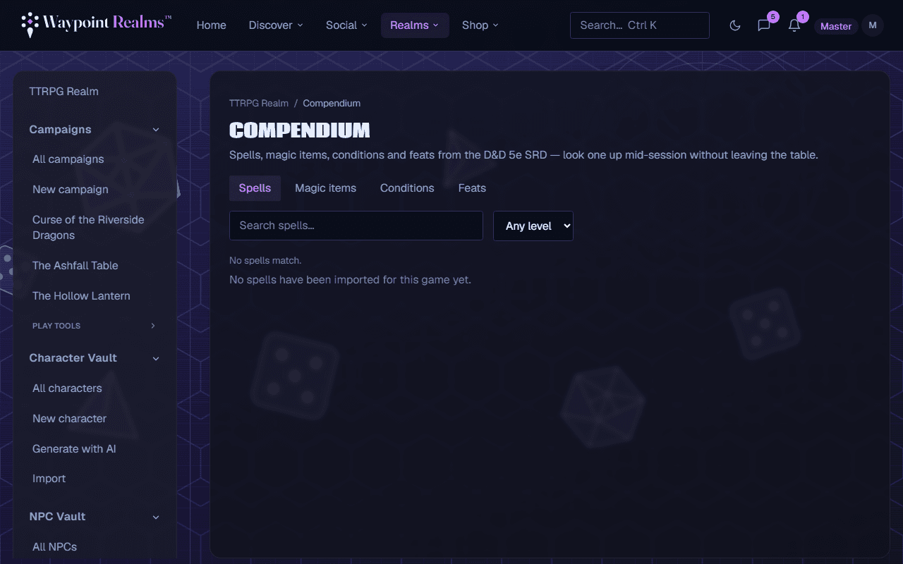 The Compendium on its Spells tab, showing 319 spells with a search box and filters for school and level, and cantrip cards listing each spell's school, components and casting time.