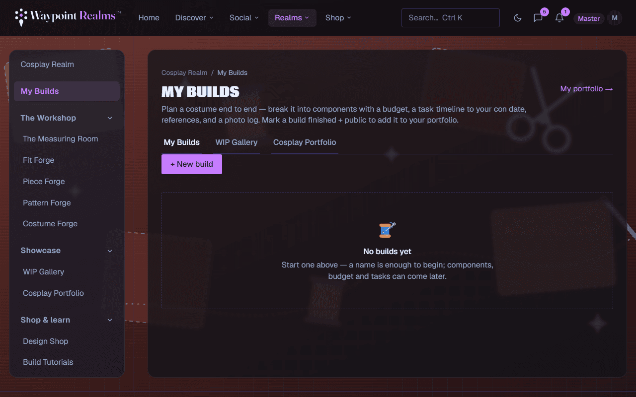 The My Builds page with tabs for My Builds, WIP Gallery and Cosplay Portfolio, a New build button, and the empty state a member sees before their first build.