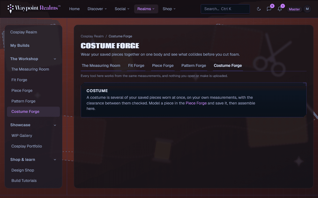 Costume Forge explaining that a costume is several saved pieces worn at once on your own measurements with the clearance between them checked.