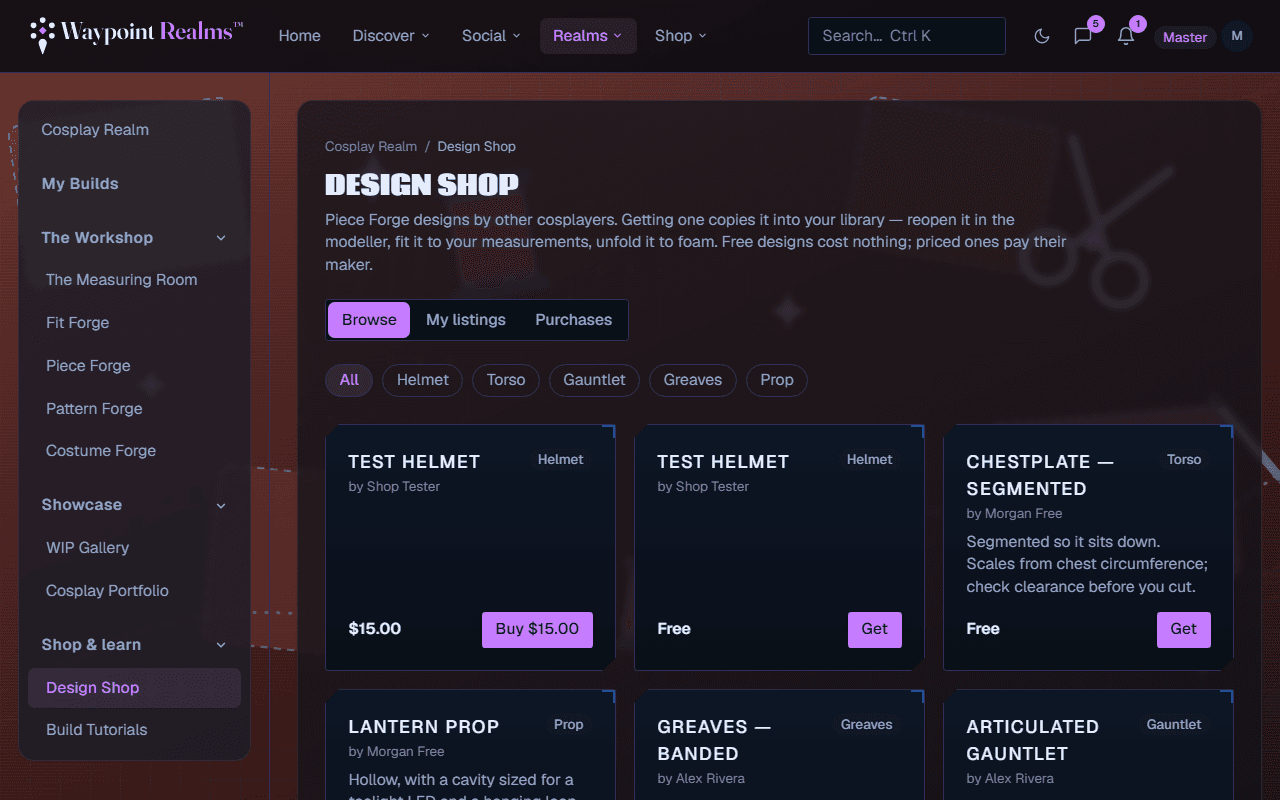 The Design Shop browsing published designs — helmets, a segmented chestplate, a lantern prop, greaves and a gauntlet — each with its piece kind, its maker, a description and a price or Free, filtered by piece kind.