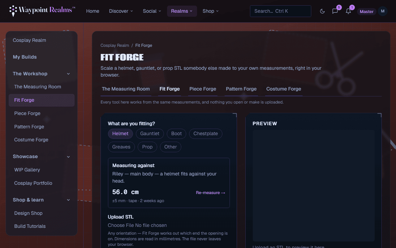 Fit Forge asking what you are fitting with options for helmet, gauntlet, boot, chestplate, greaves, prop and other, showing which body it is measuring against, and an upload control for an STL.