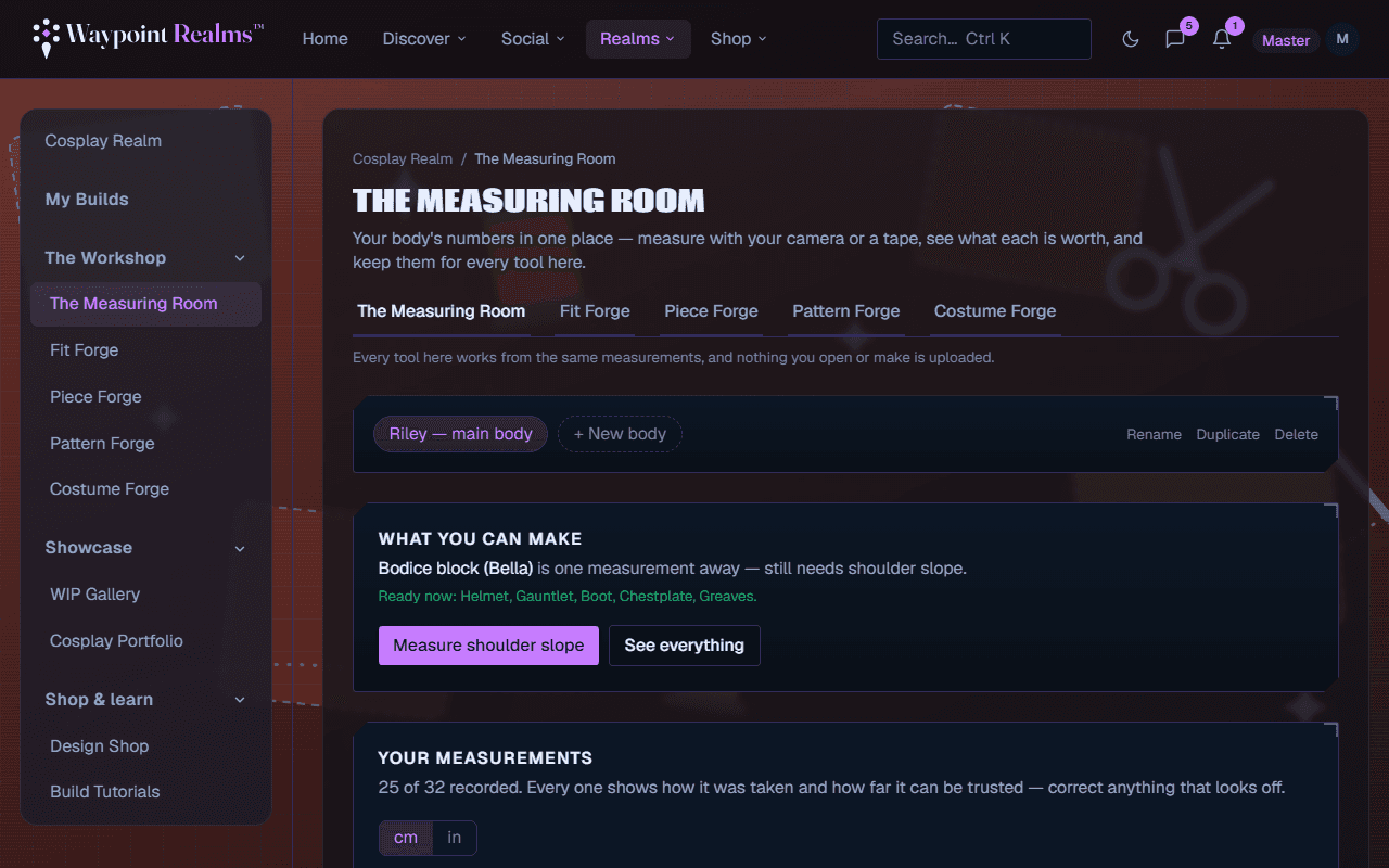 The Measuring Room with a saved body selected, a What you can make panel saying a bodice block is one measurement away while helmet, gauntlet, boot, chestplate and greaves are ready now, and a measurements list reading 25 of 32 recorded.