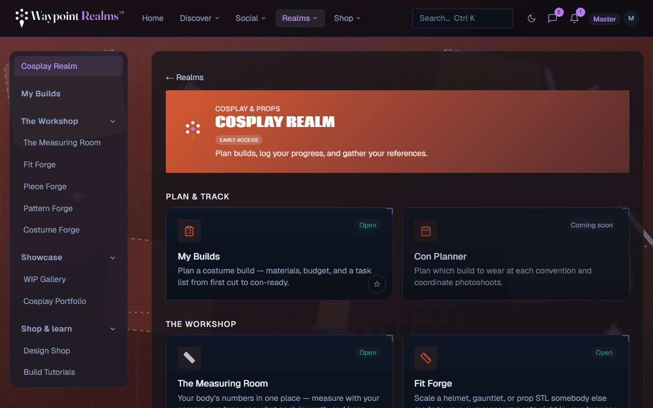 The Cosplay Realm page. The side rail lists My Builds, the five Workshop tools, Showcase, and Shop & learn; the page shows the tools as tiles under Plan & track and The Workshop, with My Builds open and Con Planner coming soon.