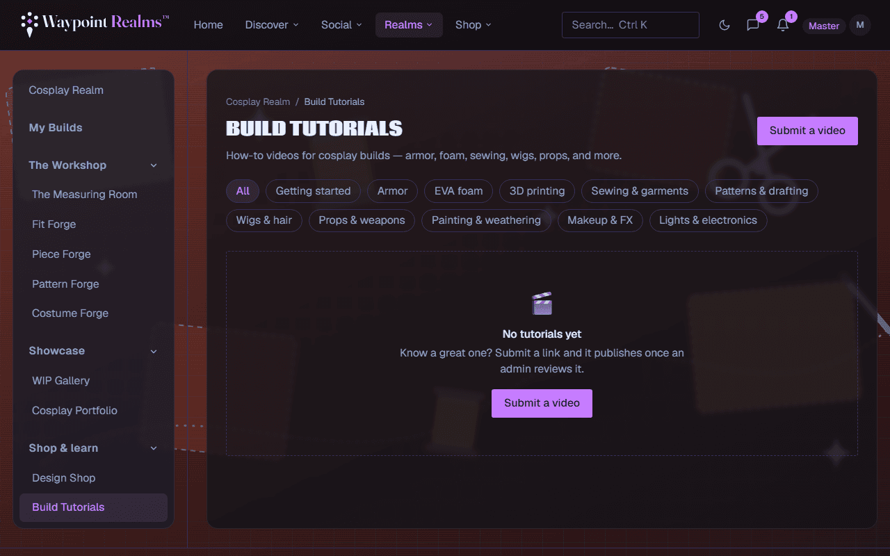 The Build Tutorials page with topic filters for getting started, armour, EVA foam, 3D printing, sewing, patterns, wigs, props, painting, makeup and electronics, above an empty library inviting the first submission.