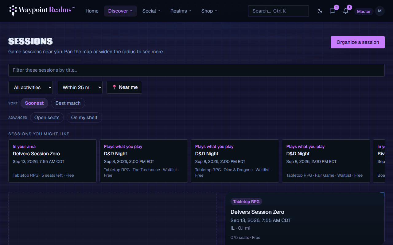 The Discover page listing nearby sessions with filters for activity, distance and date.