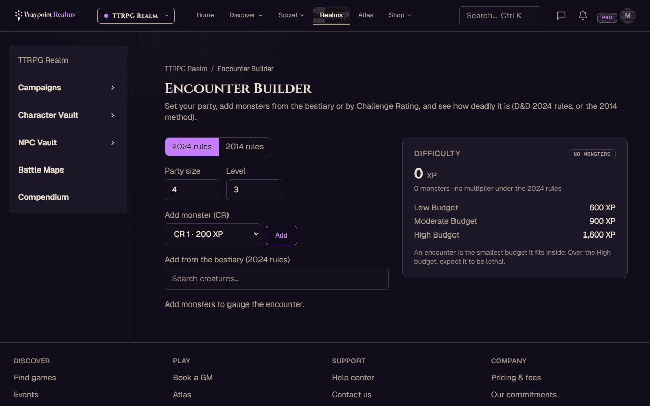 The encounter builder on the 2024 rules, with party size and level inputs, a control to add monsters by challenge rating, a search box for the bestiary, and a difficulty panel showing the party's Low, Moderate and High XP budgets.