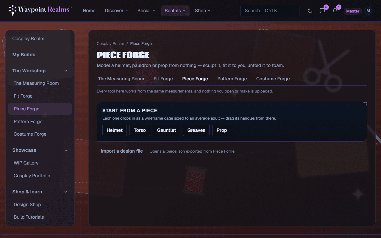 Piece Forge, offering a helmet, torso, gauntlet, greaves or prop to start from, each dropping in as a wireframe cage sized to an average adult.