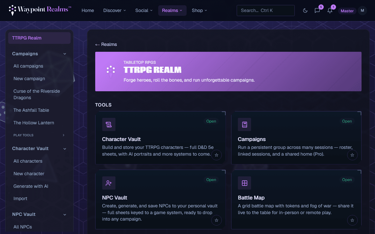 The TTRPG Realm page with tool cards for Character Vault, Campaigns, NPC Vault and Battle Map, and a sidebar of play tools.