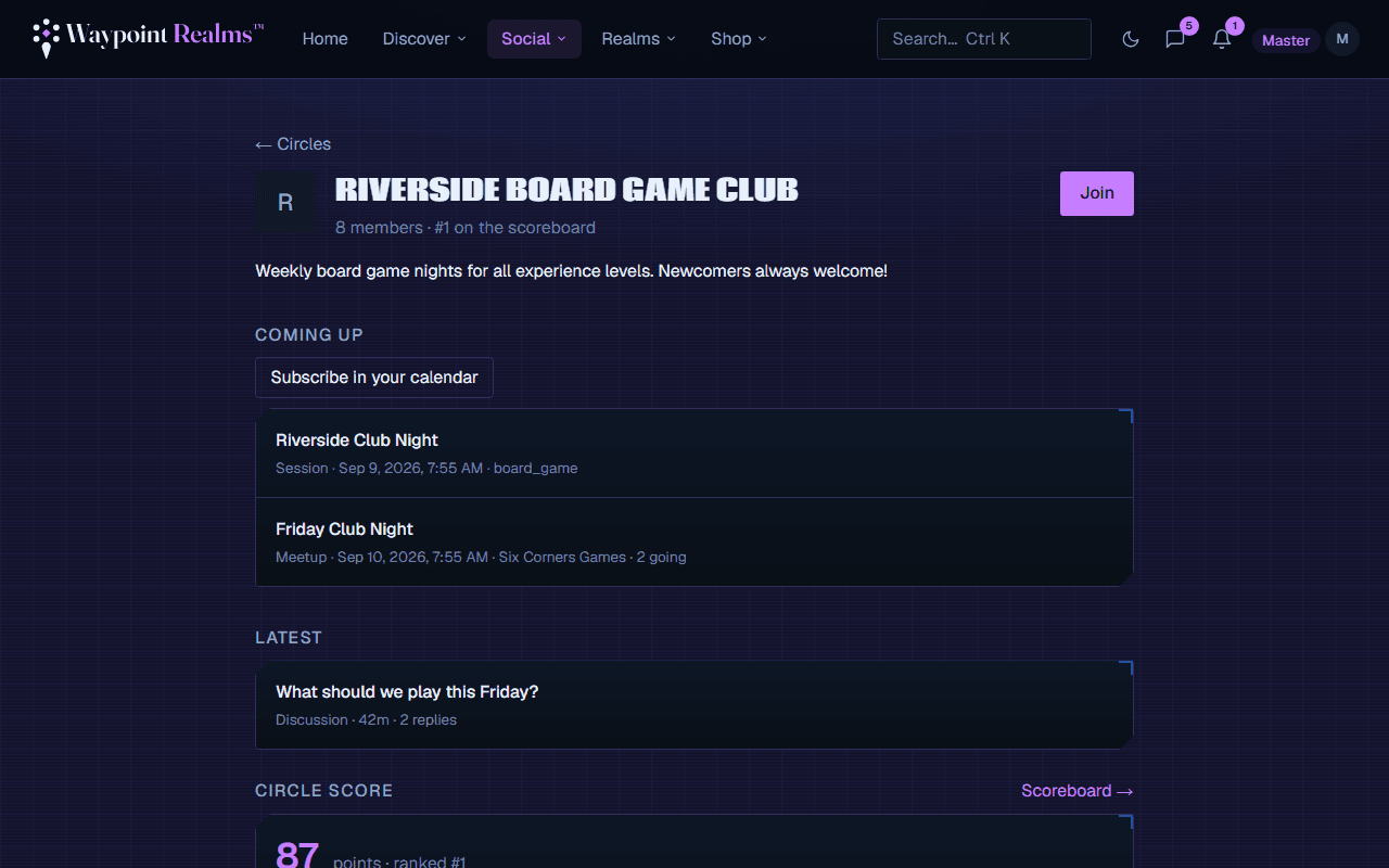 A circle page showing its member count and scoreboard rank, a circle score broken down by members, sessions, attendance, threads, posts and tournaments, upcoming sessions, and a discussion thread with replies.