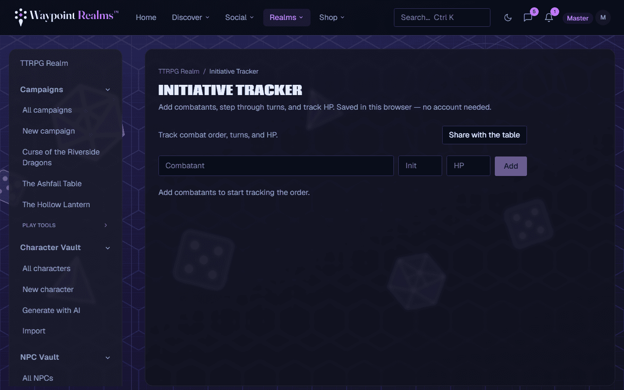 The initiative tracker with fields to add a combatant, their initiative and their HP, a Share with the table button, and a note that it is saved in this browser with no account needed.