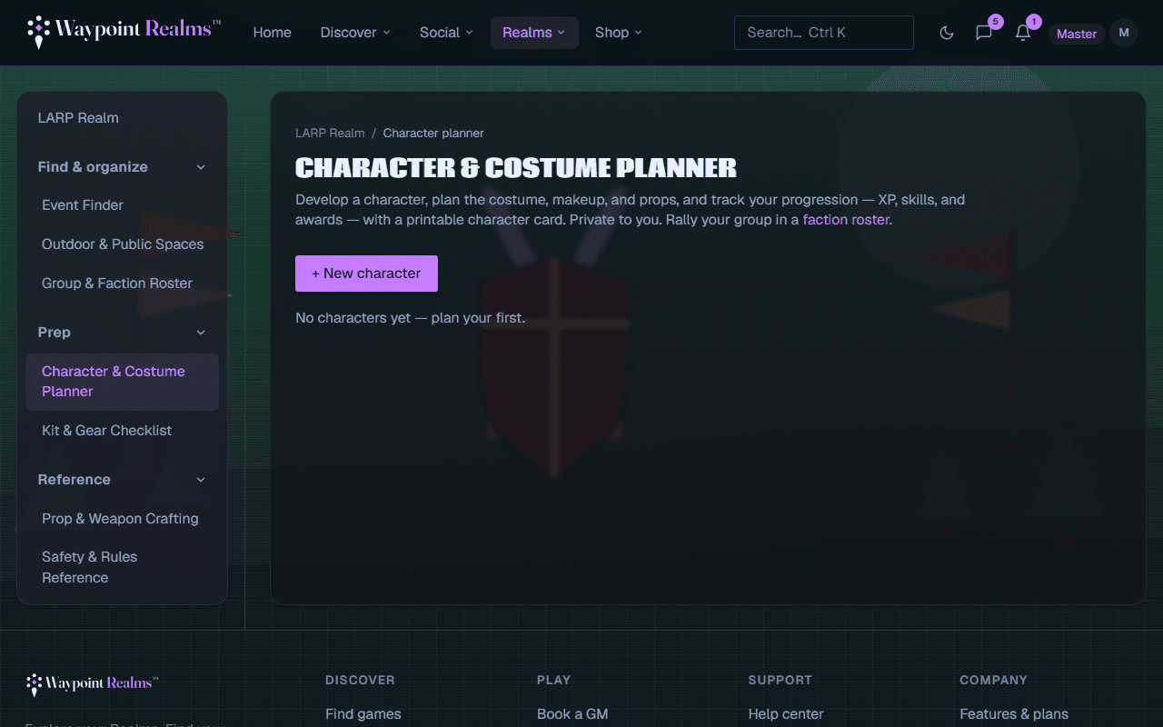 The LARP character and costume planner showing a saved character with their faction, system and level, a one-line concept, notes, and a link to progression covering XP, skills and awards.
