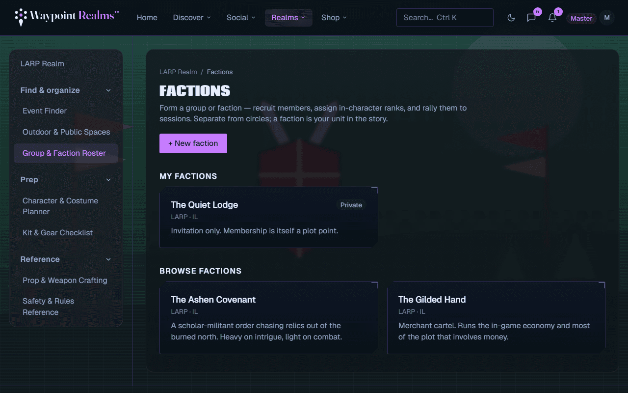 The LARP factions page showing a private faction the member belongs to and a browse list of other factions, each with its system, region and a line describing what it does in the story.