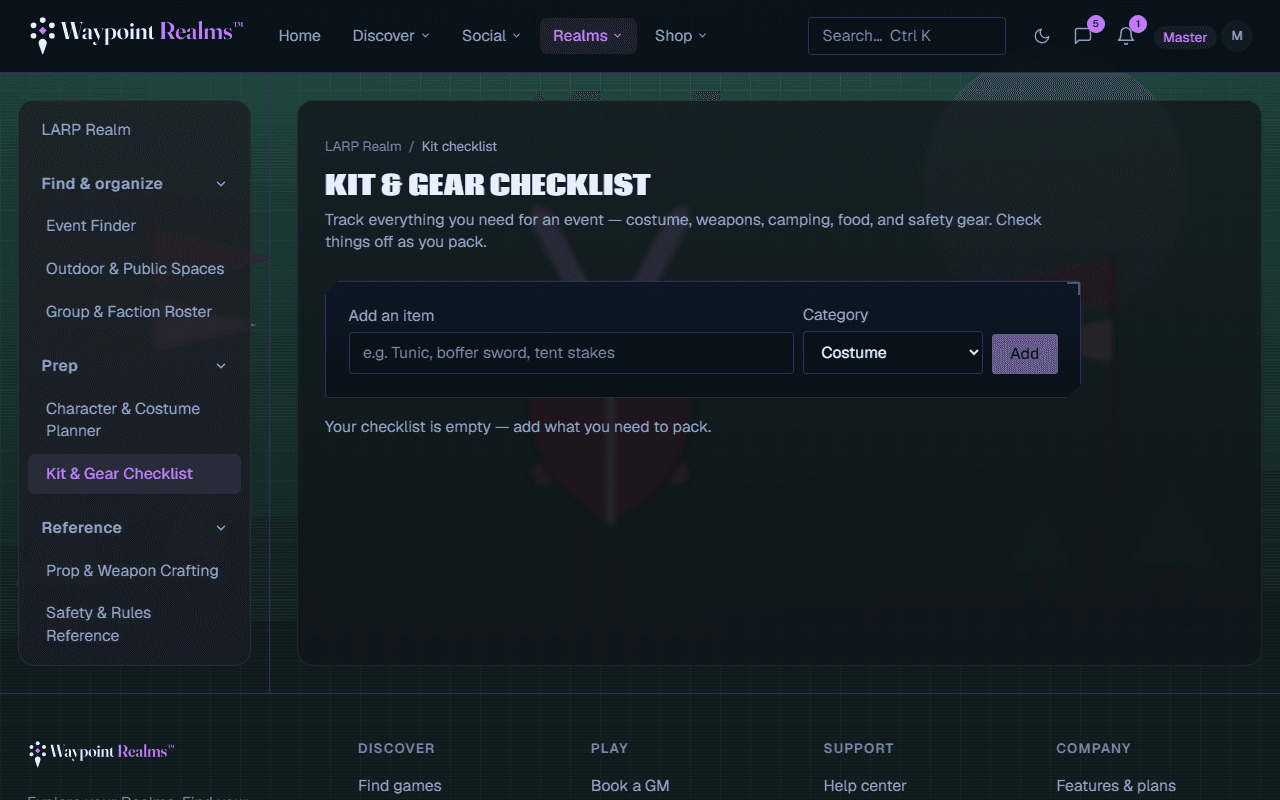The LARP kit and gear checklist with a field to add an item, a category selector offering Costume, and a note that the checklist is empty until you add what you need to pack.