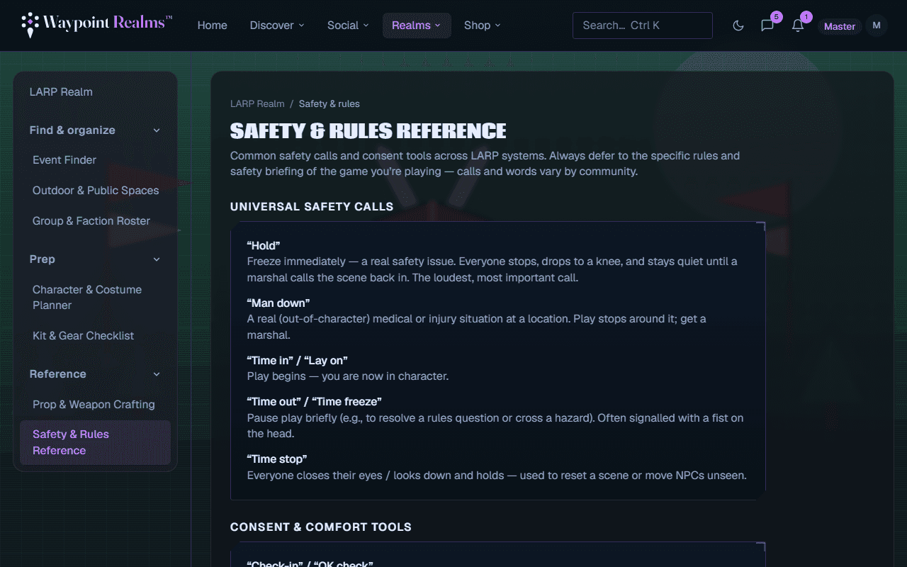 The LARP safety and rules reference listing universal safety calls — Hold, Man down, Time in or Lay on, Time out or Time freeze, and Time stop — each with what it means, above a consent and comfort tools section.
