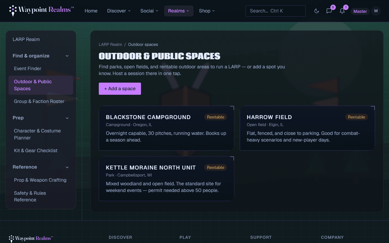 The LARP outdoor and public spaces page listing campgrounds, parks and open fields with their type, location, whether they are rentable, and a line on what each is like to play in.