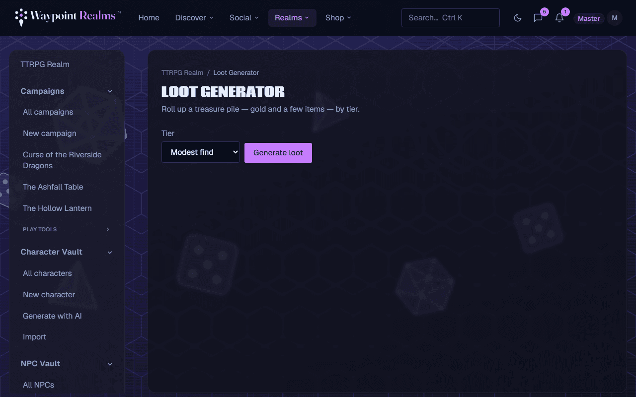The loot generator with a tier selector set to modest find and a Generate loot button.