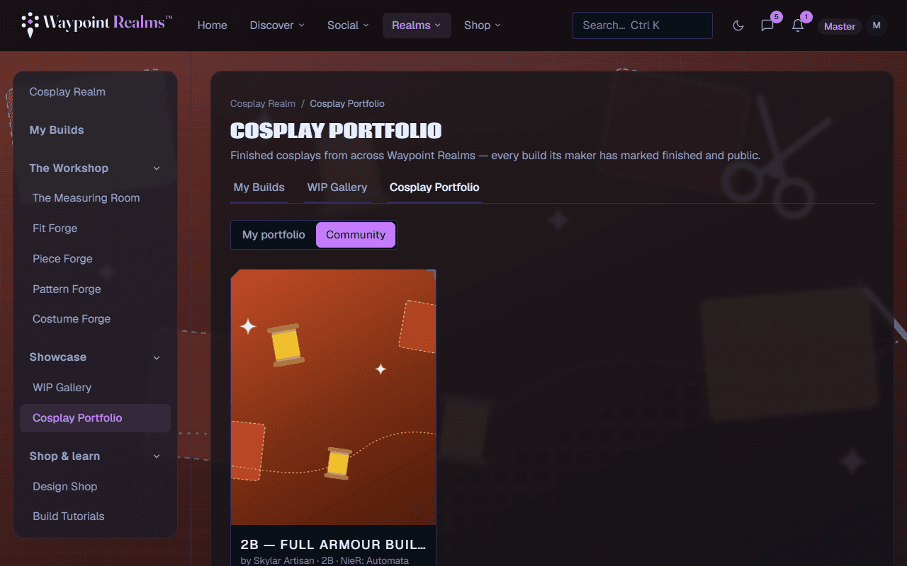 The Cosplay Portfolio on its Community view, showing finished public builds from across Waypoint Realms as cards with cover art and titles.