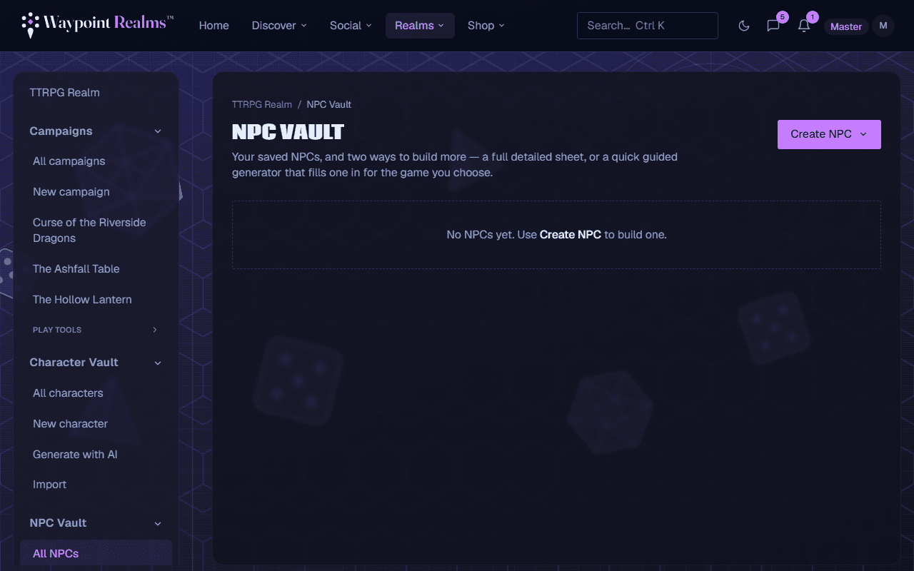 The NPC Vault with a Create NPC button, explaining that NPCs can be built either as a full detailed sheet or through a quick guided generator for the game you choose.