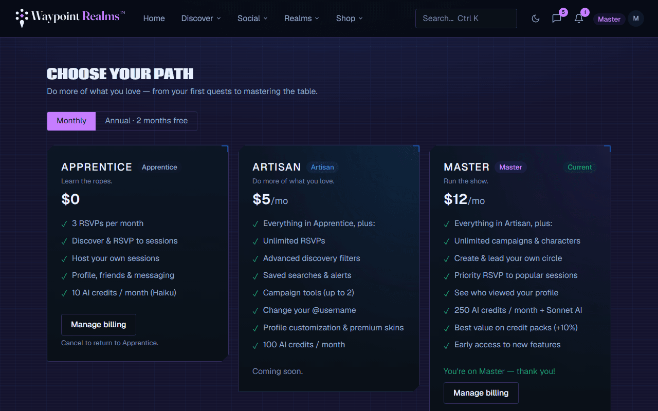 The membership page comparing the Free, Plus and Pro plans side by side with their prices and what each includes.