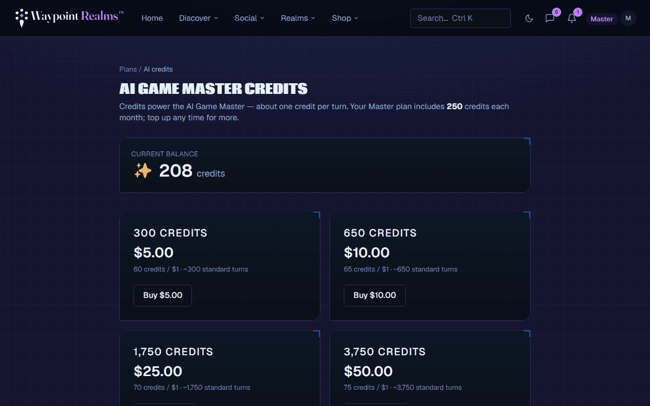 The AI credits page showing the current balance, this month's allowance, and top-up packs.