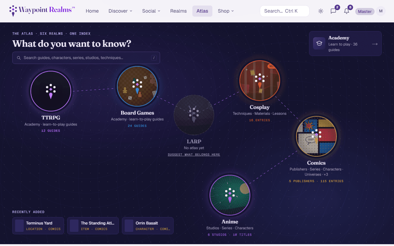 The Atlas hub: six Realms as waypoints on a map, a search box, and the Academy pinned beside them.