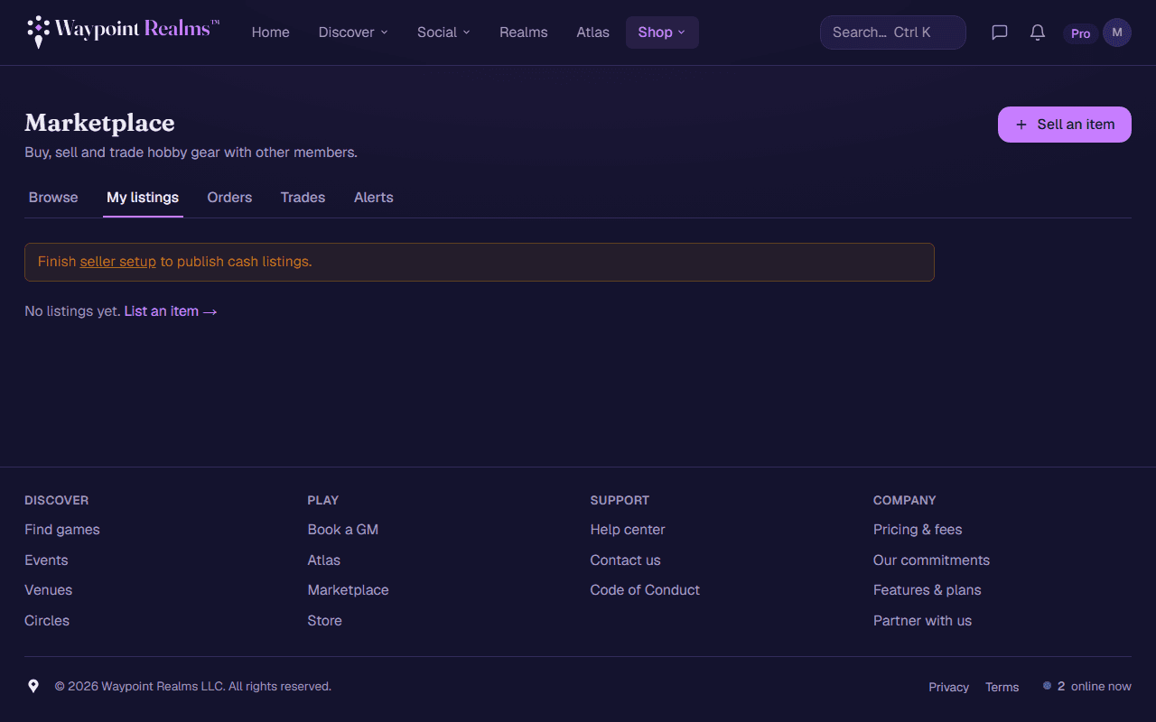 The my listings page showing an active trade-only listing and a sold one, each with View, Edit and Remove controls, above a banner reminding the seller to finish setup before cash listings can publish.