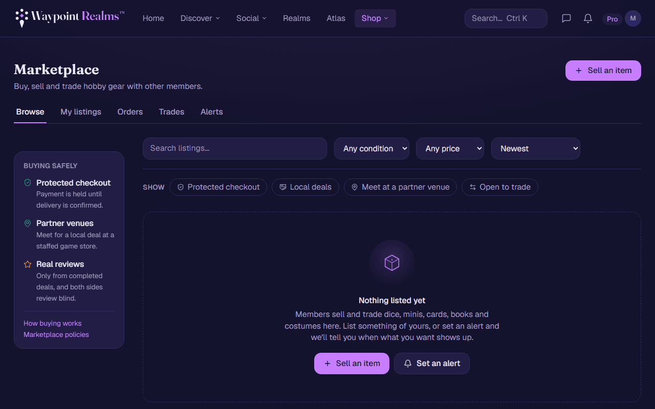 The marketplace, showing member listings with photos, prices and condition labels.