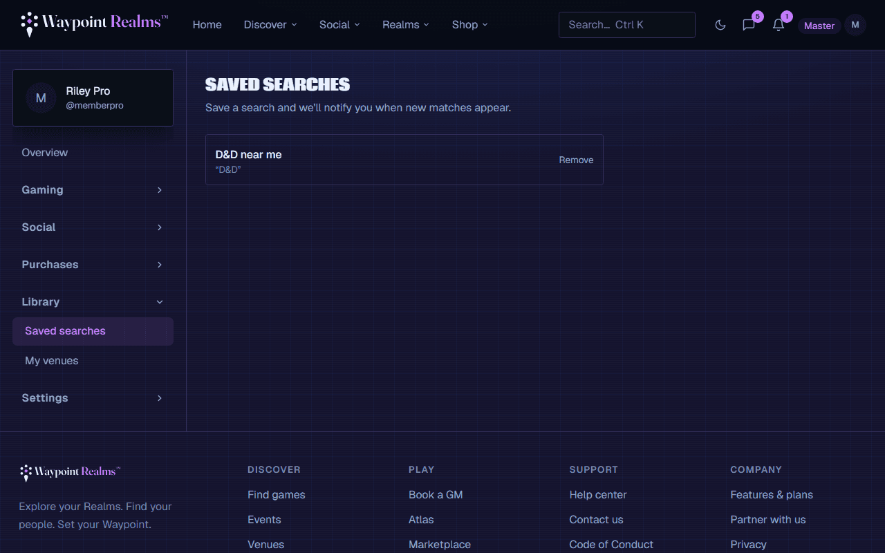 The saved searches page listing saved filters with their alert settings.